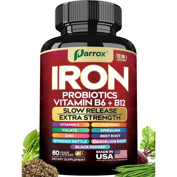 Iron Supplement with Slow Release Iron Probiotics Spirulina Turmeric Vitamin B6 B12 C Zinc  60 Count