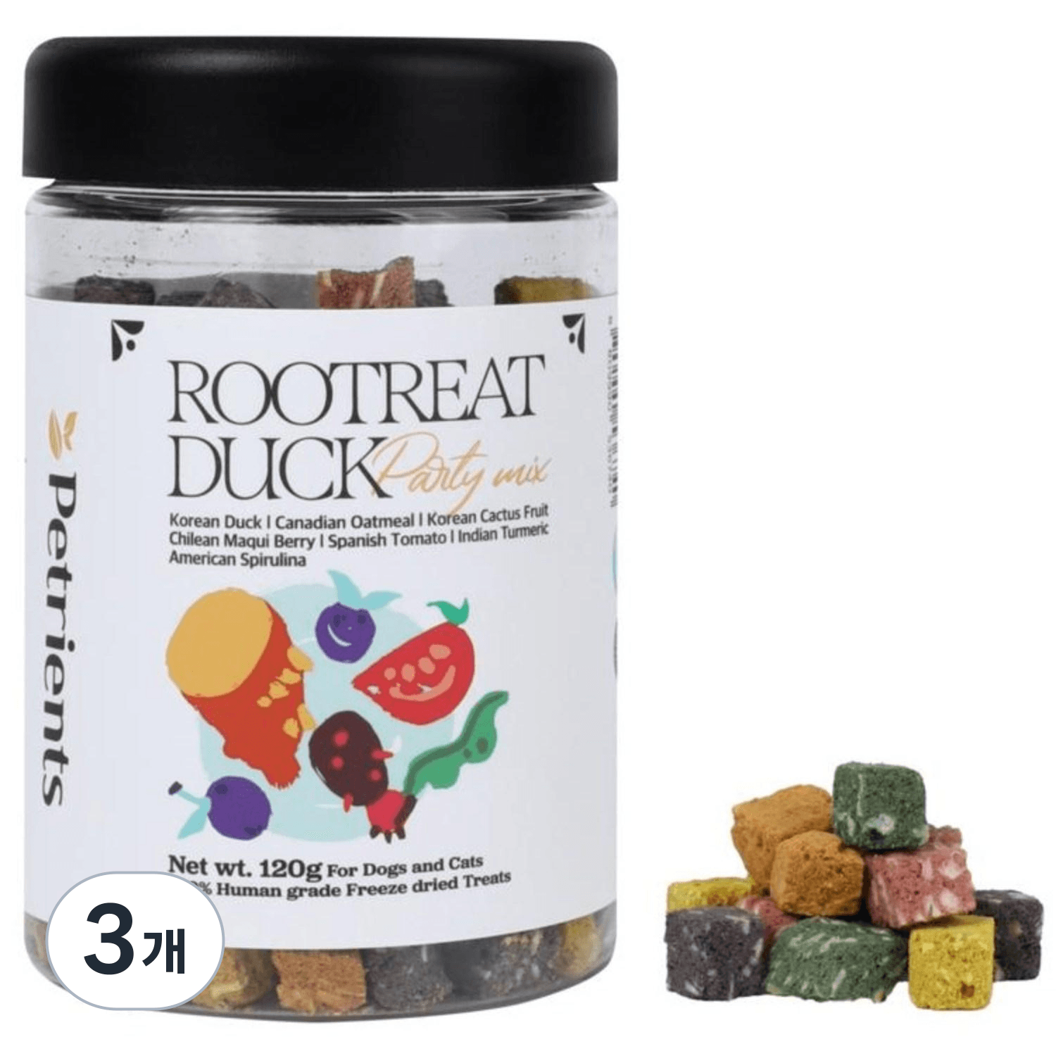 펫트리언츠 반려동물 루트릿덕 오리 동결건조 간식 생 야채 과일 토핑 식이섬유 트릿  3개  120g  파티믹스 (마키베리/백년초/스피루리나/강황/토마토)