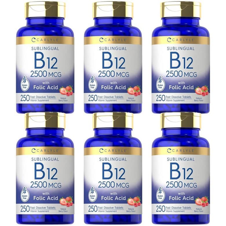 Carlyle 칼라일 비타민 B12 설하형 2500mcg(시아노코발라민 + 엽산 천연 베리맛) 250정  6개