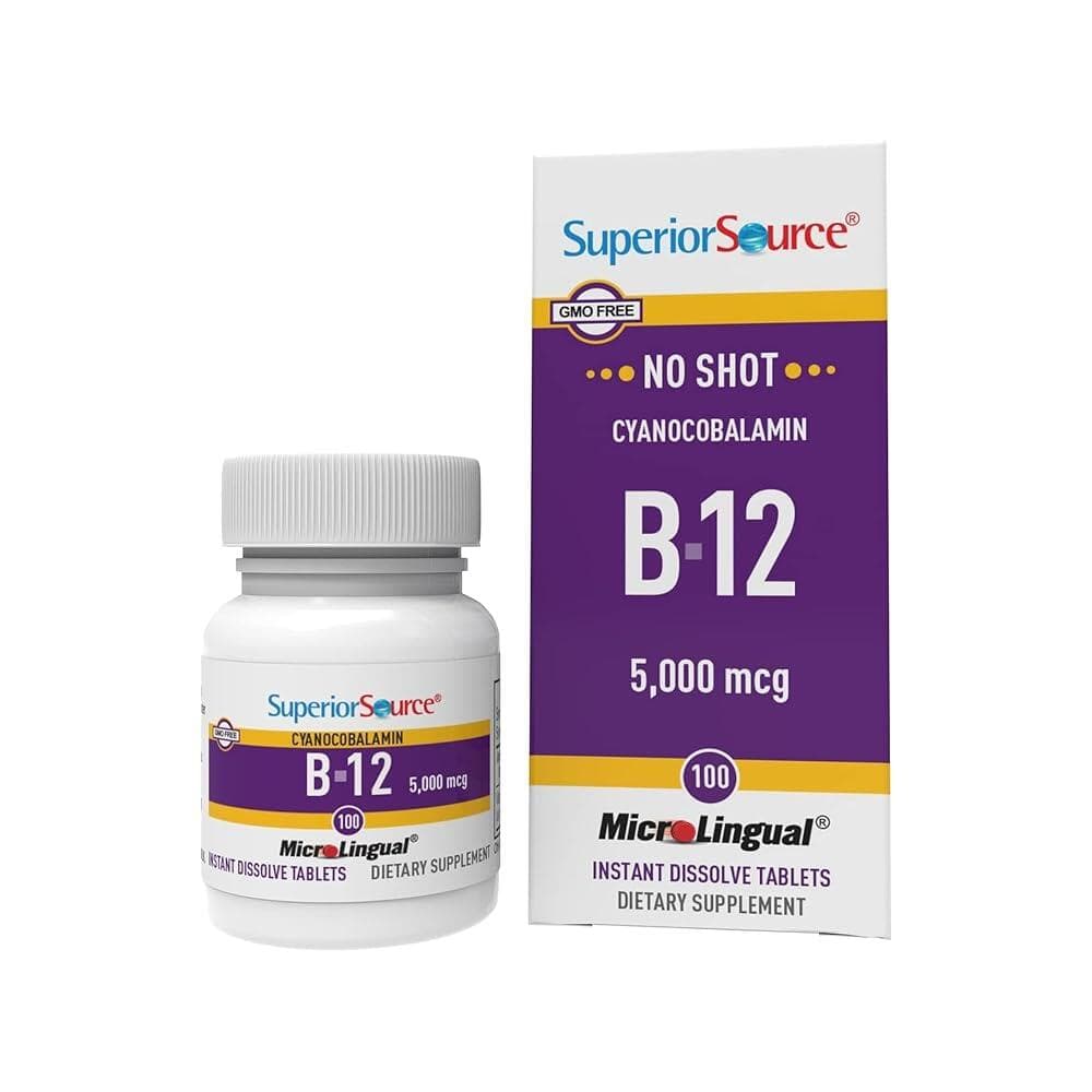 Superior Source No Shot 비타민 B12 시아노코발라민 5000mcg 빠른 용해 미세 언어 태블릿 100개 신진 대사 및 에너지 생성을 증가시키는 B12 보  Su