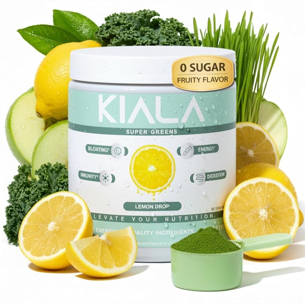 Kiala Nutrition Super Greens 소화 장 건강 면역 강장제 에너지 글루텐 프리 비건 무설탕 레몬 드롭을 위한 스피루리나 및 클로렐라가 함유된  Kiala Nut