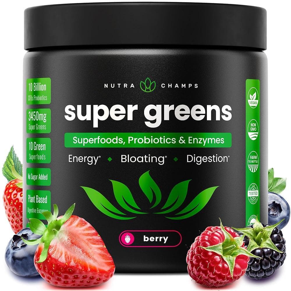 NutraChamps 슈퍼 그린 (Super Greens) 파우더 프리미엄 슈퍼푸드 | 20개 이상의 유기농 그린 채소 통식품 | 밀 잔디 스피룰리나 클로렐라 등 | 항산화  1개