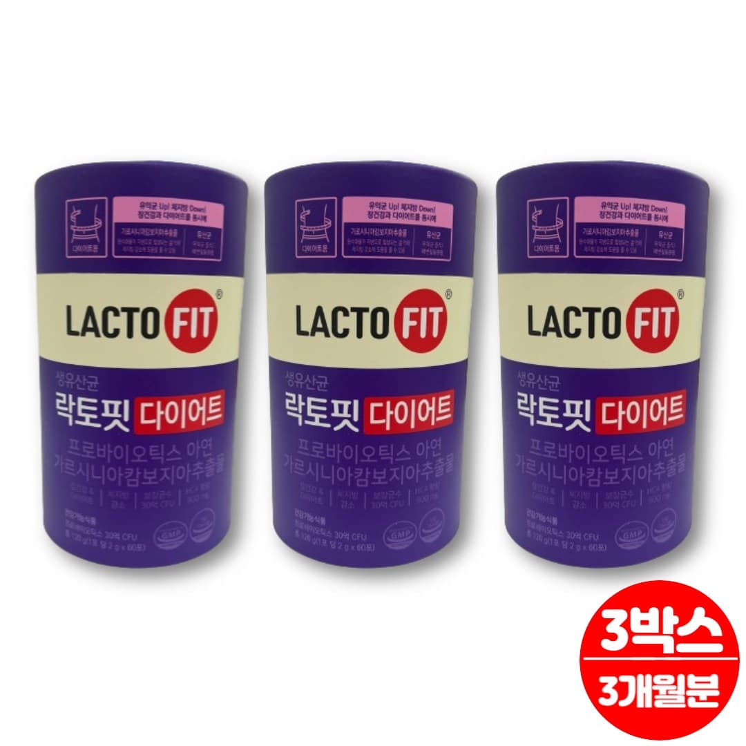 종근당건강 락토핏 다이어트 유산균 보장 균수 30억 CFU 프로바이오틱스 프로바이오스틱 아연 가르시니아 캄보지아 추출물 HCA  3개  60회분