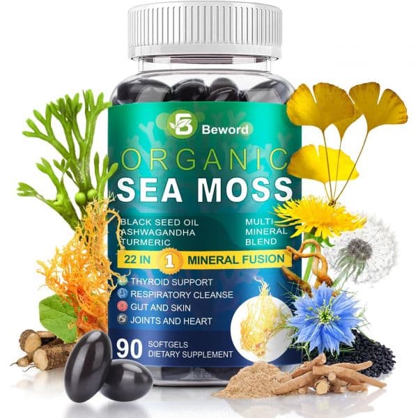 씨모스 소프트젤 180캡슐 아이리시 비타민 C D3 블랙 씨드 오일 아쉬와다 강황 블래더랙 버독 로디올라 로사 피부 에너지 2팩  90 Count (Pack of 1)