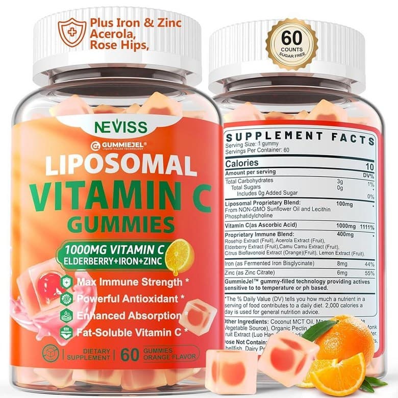 Liposomal 비타민 C 1000mg 성인용 젤리 - 비타민 C 츄어블 엘더베리 아연 및 8mg 철분 무설탕 비타민 C 보충제 에너지를 위한 일일 면역 지원 젤리  60 Cou