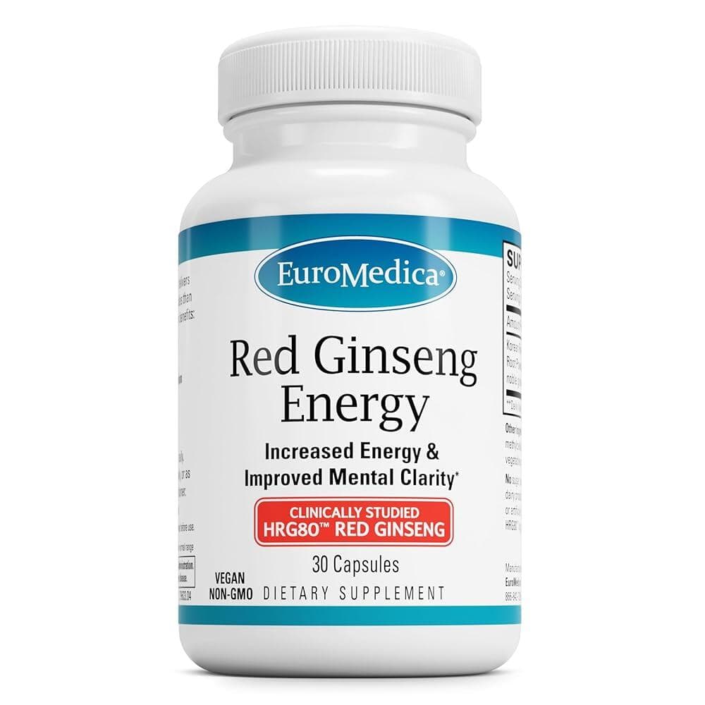 Euromedica 홍삼 에너지 - 건강한 에너지와 집중력을 지원하는 보충제 한국 뿌리 파우더가 함유된 허브 지구력을 돕는 비건 태블릿 30캡슐127802  Euromedica 홍