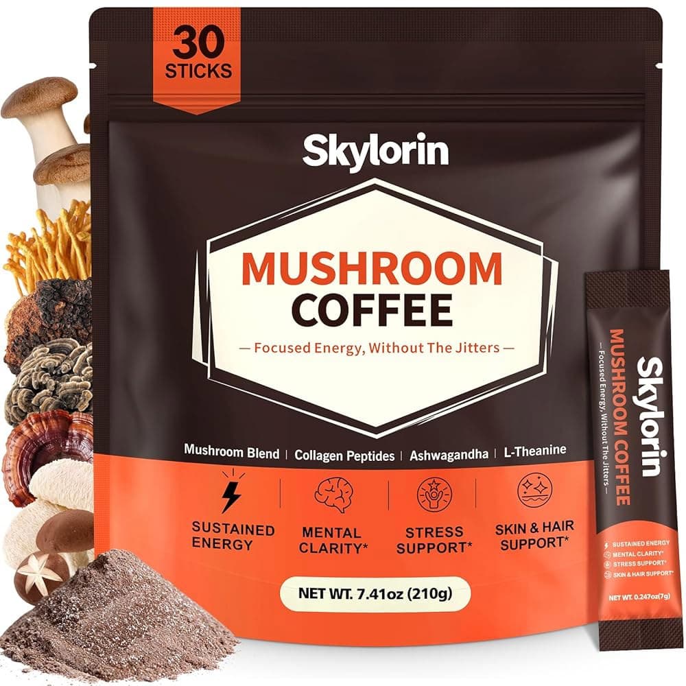 스카이로린 30 스틱 인스턴트 버섯 커피 파우더 - 3000mg 가수분해 콜라겐 및 7 가지 적응 물질  7.41 Ounce (Pack of 1)