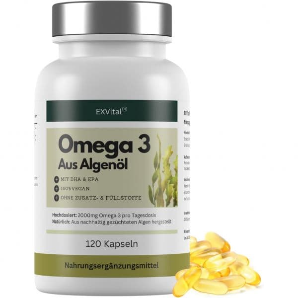 EXVital® 오메가 3 알지 오일 비건 120 소프트젤 캡슐 하루 2000mg 600 DHA 및 300mg EPA 지속 가능한 조류에서 추출 고용량 실험실 테스트 완료  EXV