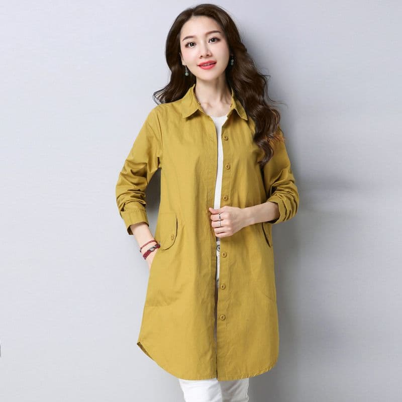 프린팅 데일리 버튼 레이어드 시원한 상의 여자 긴팔 셔츠 편한 패션 캐주얼 컬러  강황색  3XL 71.5-77.5kg