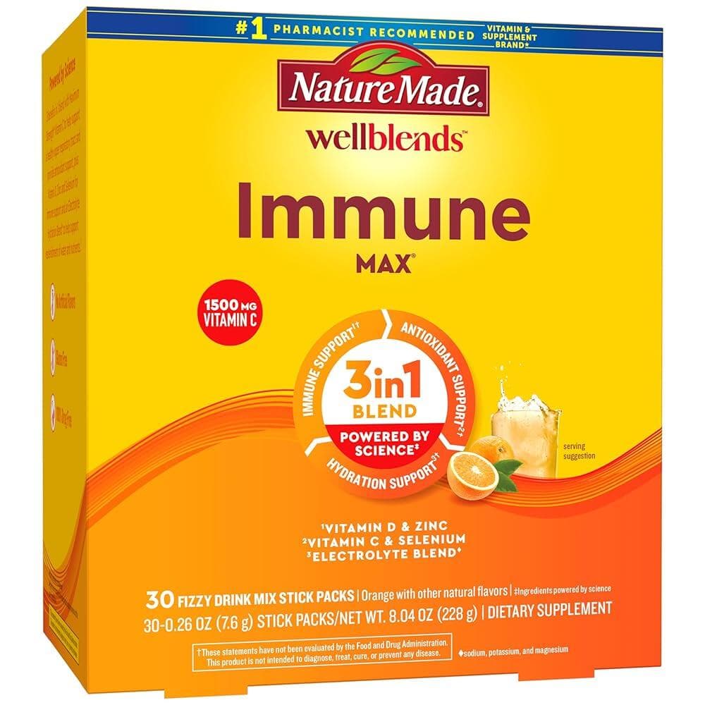 Nature Made Wellblends ImmuneMAX Fizzy Drink Mix 스틱 30포 오렌지맛  네이처메이드 웰 블렌드 이뮨 맥스 드링크 믹스 스틱 3  1개  7.