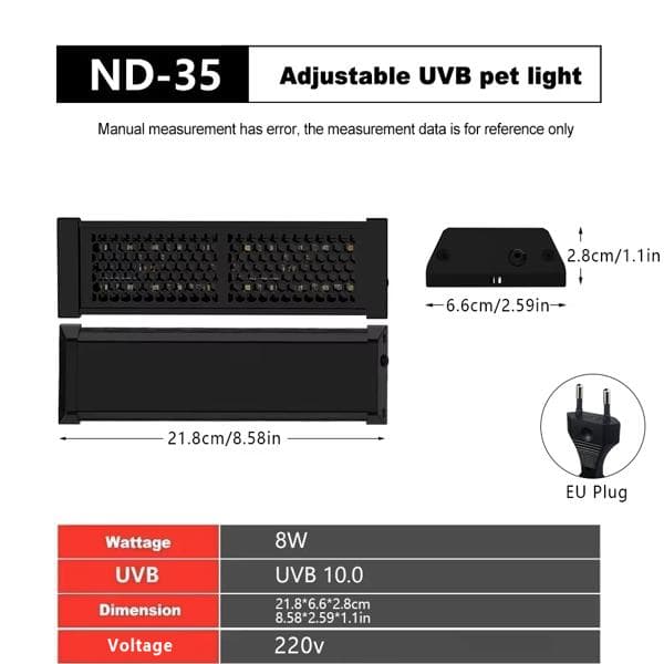 UVAUVB 전 스펙트럼 LED 램프 도마뱀용 10.0 칼슘 보충 램프 사막 테라리움 조명 거북이 도마뱀용  [04] 8W EU Plug 220-240V
