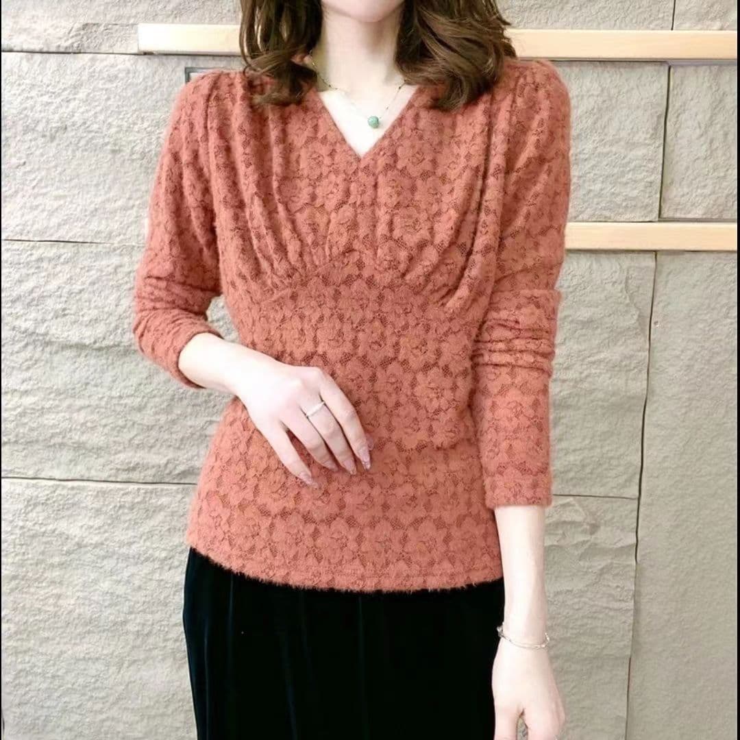 자칠 레이스 셔츠 기모 긴팔 브이넥 여 추동 도톰 이너 상의 여  M  강황