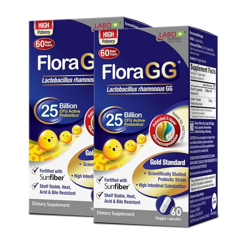 LABO Nutrition FloraGG 락토바실러스 람노서스 GG 250억 CFU 활성 프로바이오틱스 및 선섬유 프리바이오틱 섬유 보충제 건강한 장  LABO Nutrition