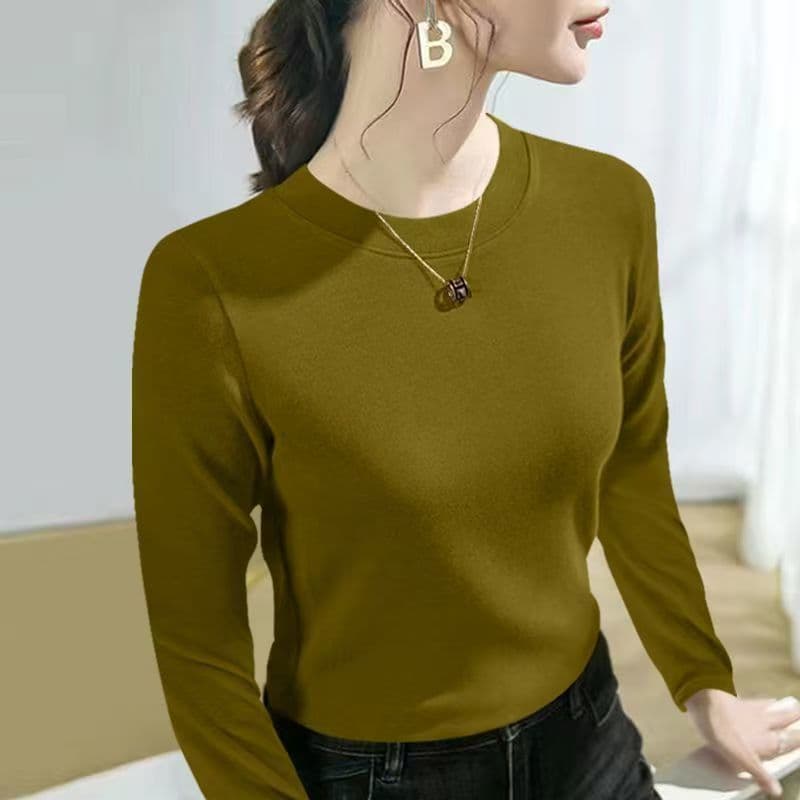 해피유통 여성 고급스러움 단색 나사산 긴팔 상의 춘추 신형 심플 라운드넥 좋은 품질 이너웨어 jhlky  XL  강황색