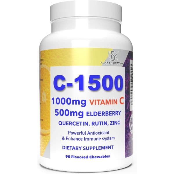 건 비염 영양제 피로 유니텍 USK C1500 | 비타민 C 1000mg 엘더베리 500mg 케르세틴 루틴 아연이 함유된 데일리 웰니스 신체 유지 맛있 90정  건 비염 영양제 피