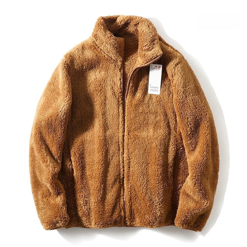 두꺼운 양면 플리스 재킷 가디건 남성 겨울 패션 따뜻한 스탠다드 긴팔 스탠드 칼라 코트  엑스라지  강황색 3505