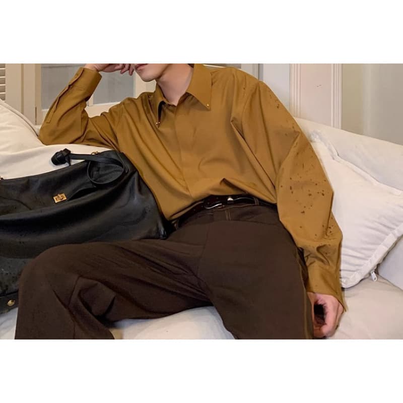 해피유통 남성 긴팔 셔츠 심플 솔리드 이너 톱 jhJZ  M  강황색