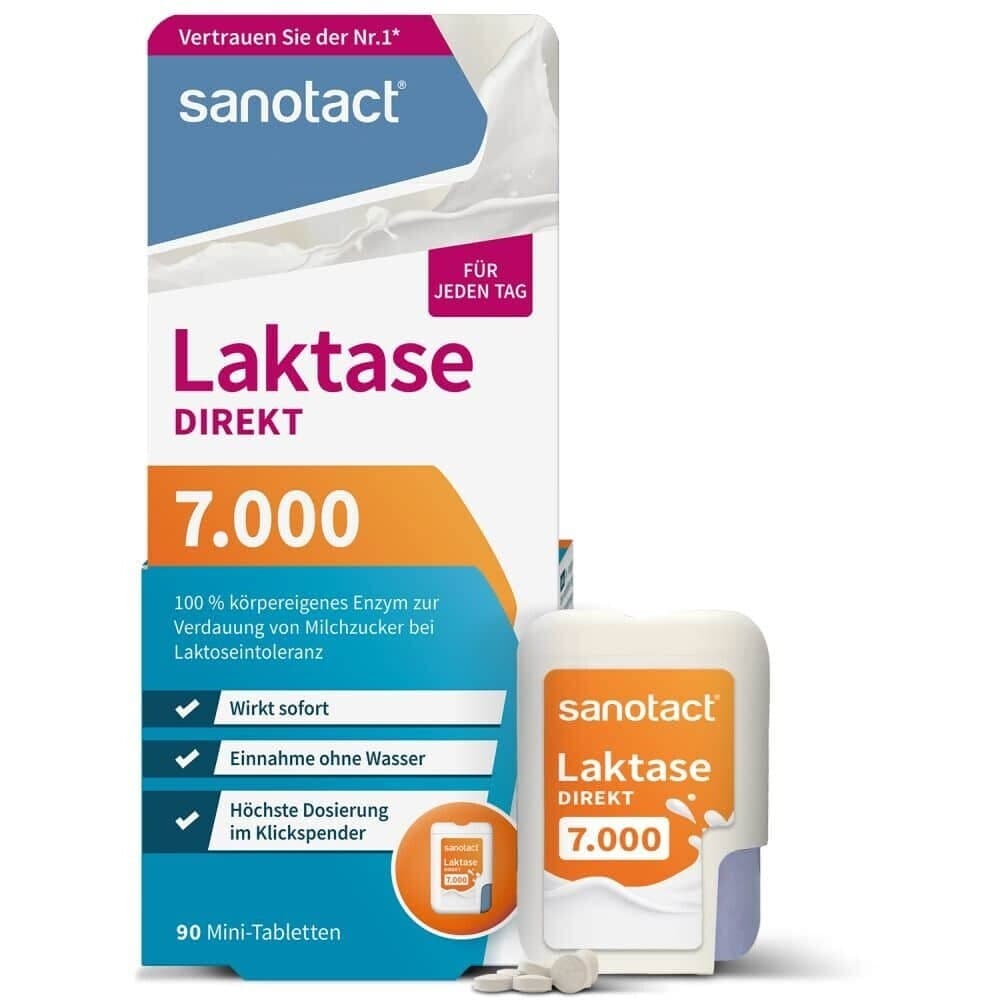 sanotact Lactase 7000 Direct • 즉각적인 효과 고용량 미니 락토오스 정제 90개 불내증 우유  락타아제 7/000 직접  6x90 미니 태블릿  1개  90