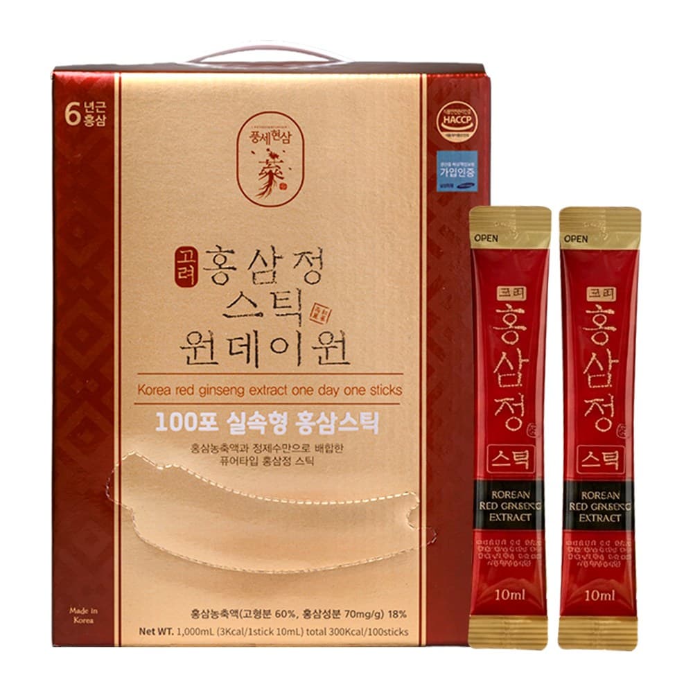 6년근 홍삼스틱 진세노사이드 1포당 11.8mg 원데이원타임 100포 [국내산]  100개  10ml
