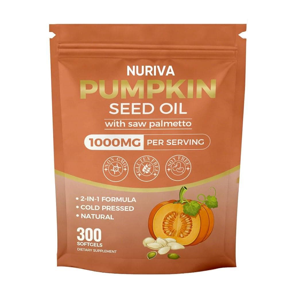 Nuriva 호박 씨앗 오일 쏘팔메토 캡슐 포함 - 2-in-1 포뮬라 냉압착 버진 소프트젤 300개 | 필수 지방산 모발 성장 방광 및 전립선 건강 지원 GMO 프리 (  Nur
