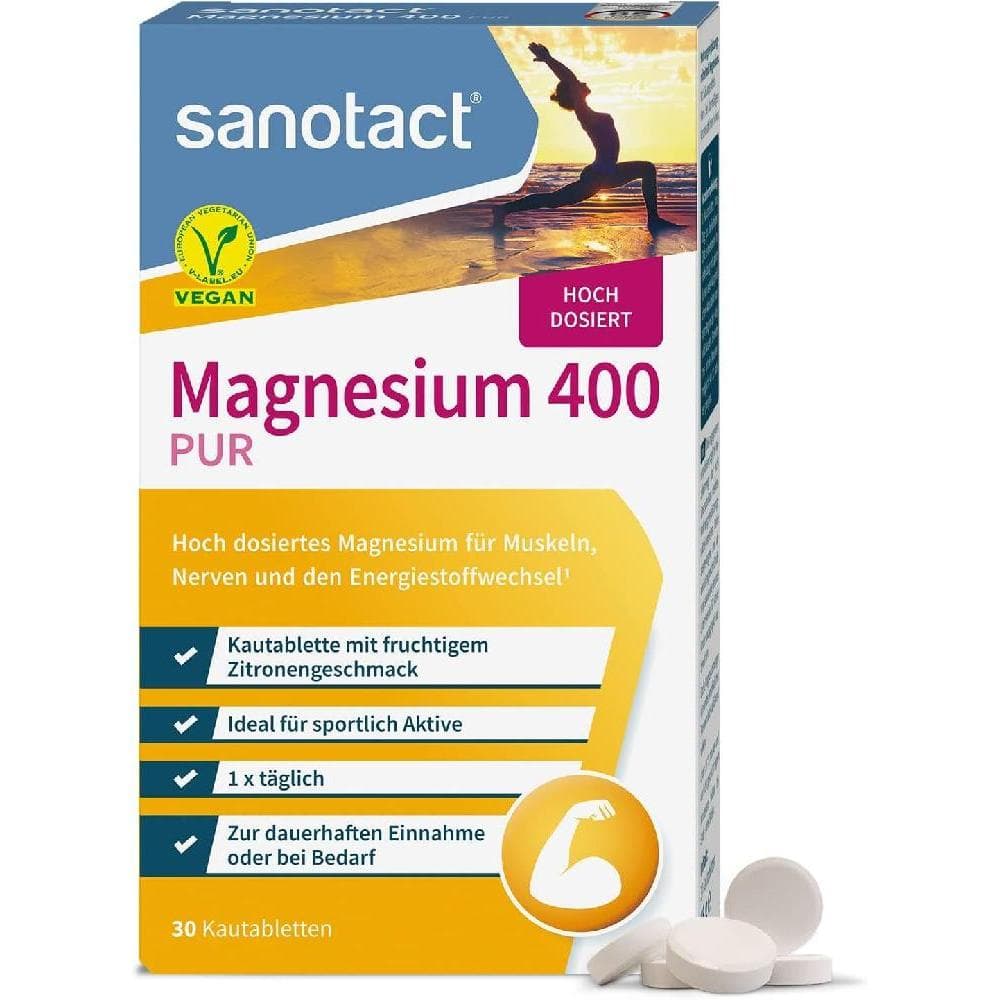 sanotact 마그네슘 400씹을 수 있는 정제 30정 근육과 신경을 위한 고용량 즉각적인 효과가 400mg 100 비건 탄산마그네슘 및 산화마그네슘  레몬  66g(1팩)  1