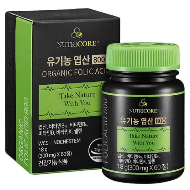 뉴트리코어 유기농 엽산 800 60정 1개 임산부 영양제 임신 준비 초기 중기 비타민B 철분