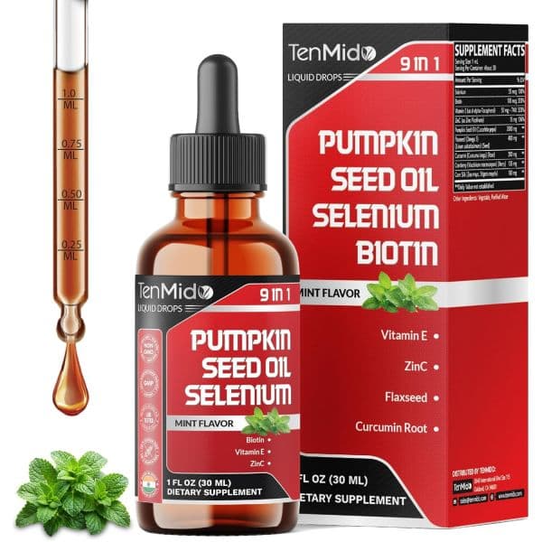 Pumpkin Seed Oil Supplement - Liquid Drops 9in1 with Selenium Biotin Vitamin E Zinc Omega 3 C