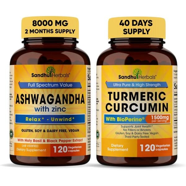 SANDHUHERBALS 4in1 Ashwagandha w/Zinc &amp; Turmeric Curcumin w/Bioperine Black Pepper Extract| Suppor
