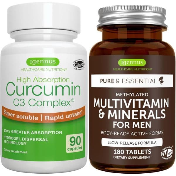 Multivitamin &amp; Minerals for Men + High Absorption Curcumin C3 Complex Vegan Bundle Sustained Rel  Mu
