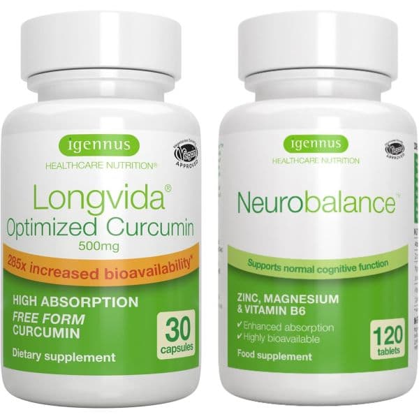 Longvida Curcumin 500mg + Neurobalance High Absorption Zinc Magnesium B6 Vegan Bundle Ultra Bioav  L