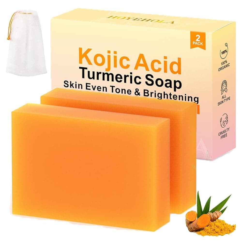 HOYEHOLA Kojic ACID 애시드 강황 비누 바 - 얼굴과 균일한 피부 톤을 위한 다크 스팟 리무버 보습 및 영양 천연 성분 2팩 183054  2Pack