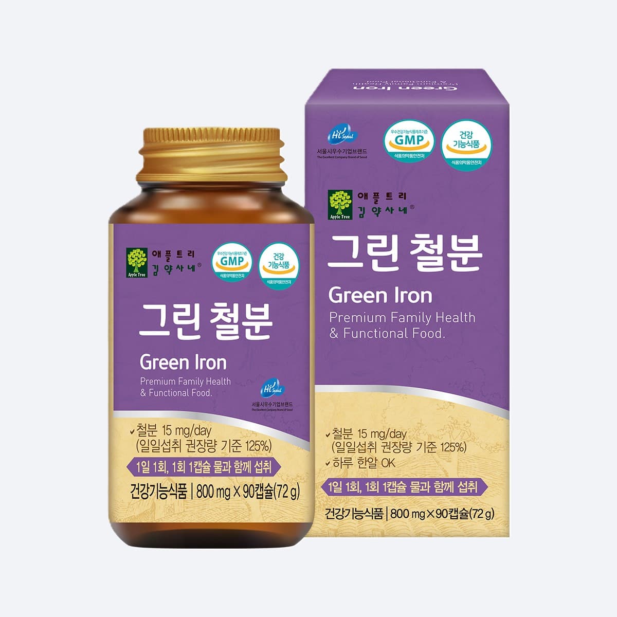 그린 철분 800mg x 90캡슐 유산균배양물 유기농과일채소 미강유 혼합분말15종 함유  1개  90정
