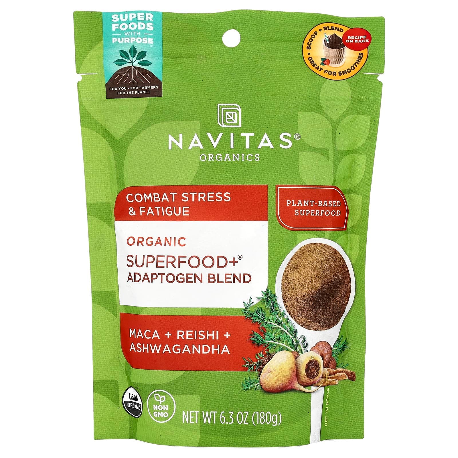 Navitas Organics 유기농 슈퍼 푸드 + 아답토젠 혼합물 마카 + 영지버섯 + 아슈와간다 180g(6.3oz)  180g  1개