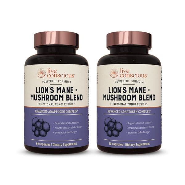 Live Conscious Lions Mane Mushroom Supplement Capsules for Support w/Lion’s Mane Cordyceps Reish  Li