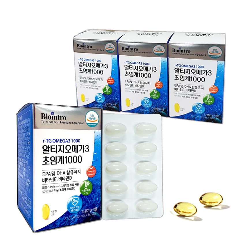 알티지오메가3초임계1000 비타민D, E 함유 RTG 오메가 60캡슐, 4개