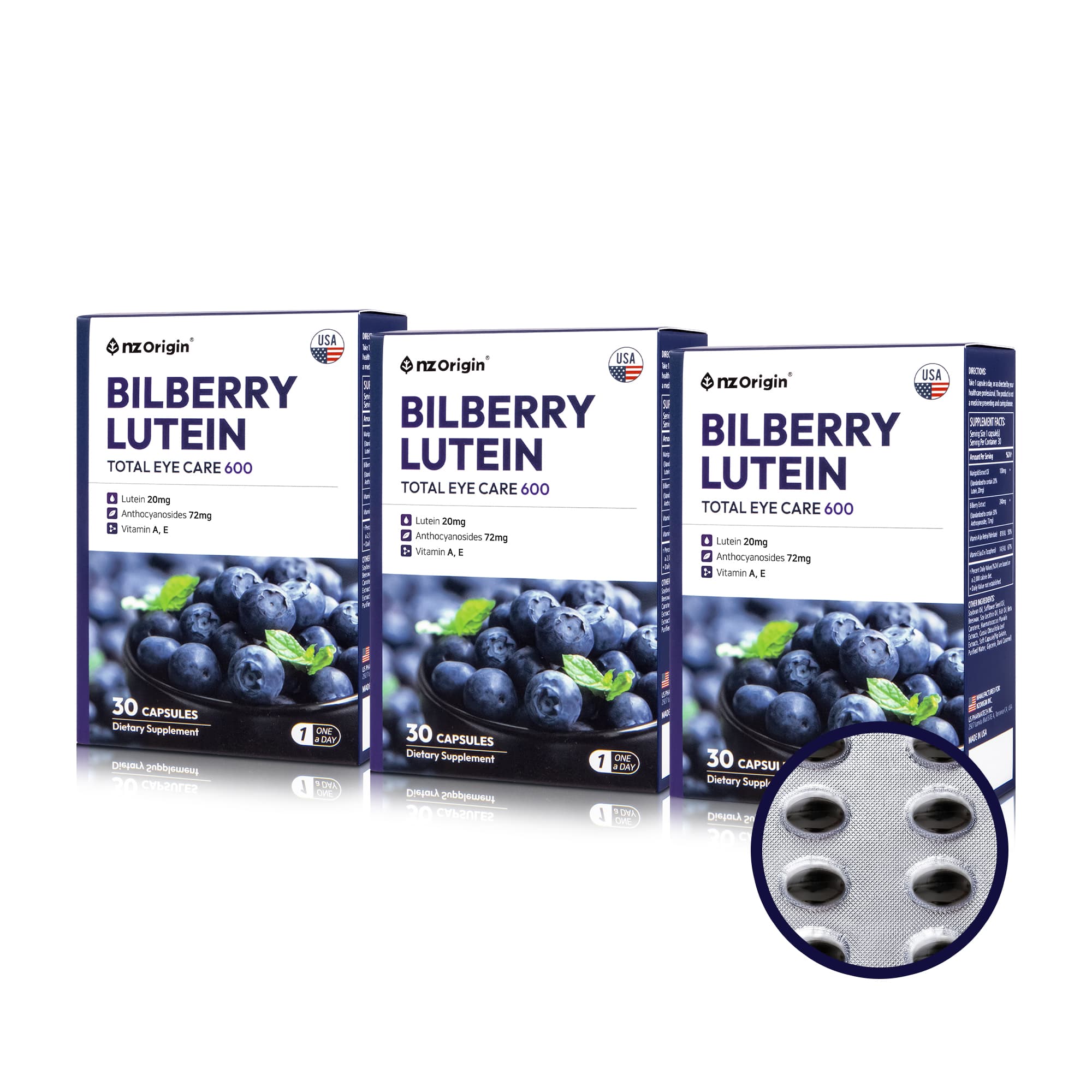 엔젯오리진 빌베리 루테인 토탈 아이케어 600 30캡슐, 3개